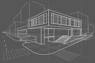 Linear arcitectural sketch office building perspective on gray background