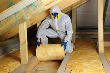 Construction worker thermally insulating house