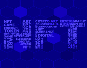 Vector illustration of a non fungible token. NFT background. Digital technology concept. Crypto art.  The word NFT is made up of words