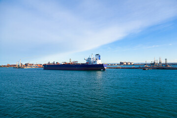Oil tankers anchored in the bay of the seaport of Fos sur Mer in France.