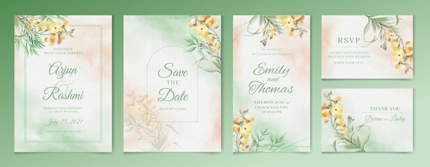 Elegant watercolor wedding invitation and menu template with greenery leaves, rsvp thank you and Instagram story.