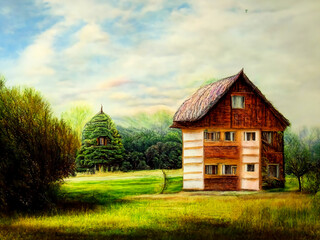 a lonely wooden brown house stands in a clearing in a green forest