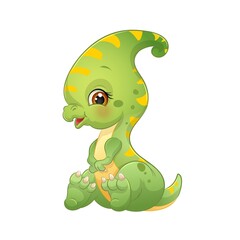 Cute cartoon green dinosaur vector illustration. Isolated white background.