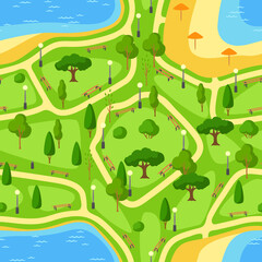 Seamless pattern with beautiful summer or spring city park. Urban public space with lake, lawn and trees for walking.