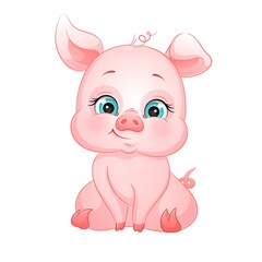 Obraz na płótnie Canvas Cartoon pink piglet, vector illustration. Cute farm animal, isolated white background.