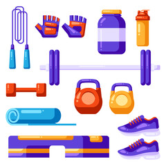 Set of fitness equipment. Sport bodybuilding items illustrations.