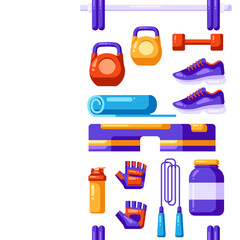Seamless pattern with fitness equipment. Sport bodybuilding items illustration.