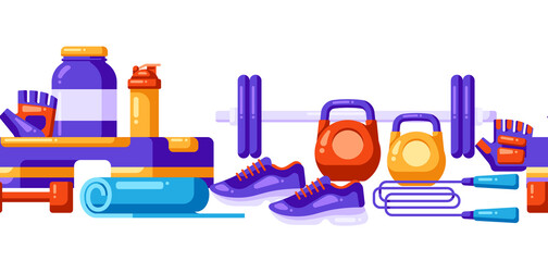 Seamless pattern with fitness equipment. Sport bodybuilding items illustration.
