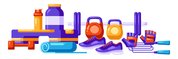 Background with fitness equipment. Sport bodybuilding items illustration.