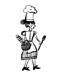 drawing picture of a cute girl cook in a cap, with a ladle and a baguette in a basket, sketch, hand drawn digital vector illustration