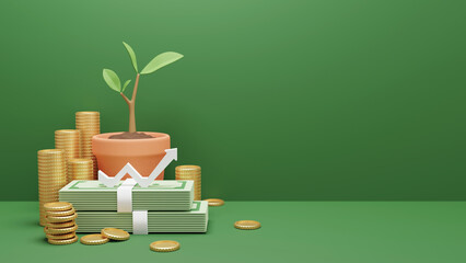 Money and tree in flower pot on green background with copy space Saving concept 3D render - obrazy, fototapety, plakaty