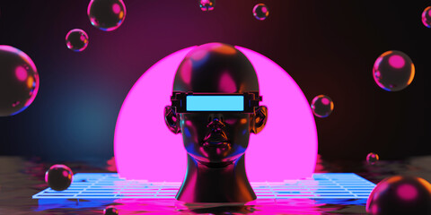 metaverse vr virtual reality with network, gaming of simulation, cyberpunk gamer background, 3d rendering illustration, scifi ai robot technology © issaronow