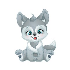 Cartoon wolf cub vector illustration. Cute forest animal, isolated white background.