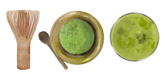 Matcha elements green tea organic composition. Asian hot drink healthy vegan elements