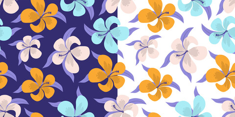 Pattern of tropical flowers and palm leaves. Flat vector illustration.