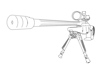 Outline of a rifle with an optical sight from black lines isolated on a white background. Perspective view. Vector illustration