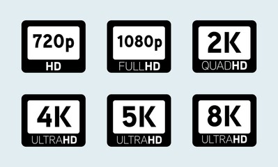 Set screen tv with 4k ultra hd video technology icon. Set of video quality or resolution icons HD, Full HD, QHD, UHD, 2K, 4K, 5K, 8K.