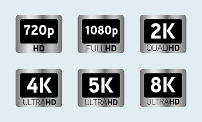 Video or screen resolution icons, white numbers with HD, Full HD, QHD, UHD, 2K, 4K, 5K, 8K text in silver rectangle.