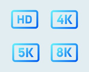 Video or screen resolution icons HD, 4K, 5K, 8K. Gradient resolution sign.