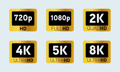 Video or screen resolution icons, white numbers with HD, Full HD, QHD, UHD, 2K, 4K, 5K, 8K text in golden rectangle.