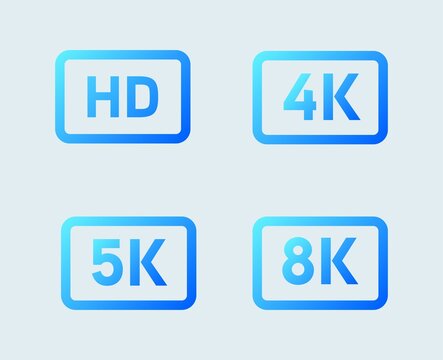Video or screen resolution icons HD, 4K, 5K, 8K. Gradient resolution sign.