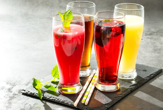 Colorful refreshing drinks in a sunlight