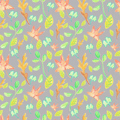 Seamless pattern with wax crayon pumpkins on isolated gray background. Autumn, textural, oil pastel print in a children's style. Designs for wrapping paper, packaging, fabric, scrapbooking, printing.