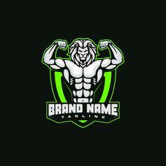 Sport strong bodybuilder lion, lion flexing bicep, illustration, logo for gym, fitness club