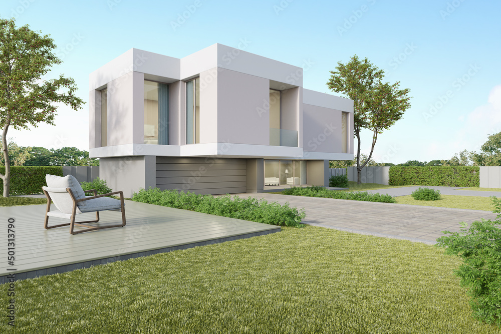 Poster 3d rendering of white luxury house with garage and garden, modern architecture design.