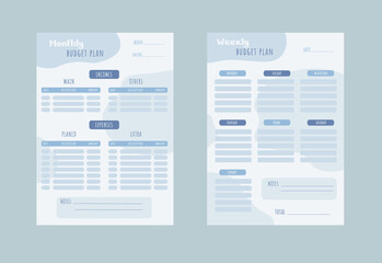 Monthly and weekly budget planner with abstract details in blue colors	