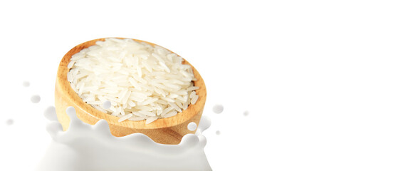 Rice milk, The movement of Thai Jasmine rice in wooden bowl falling into dairy splashed, Isolated on white  background, Ketogenic diet or Healthy drink lactose free for Health care and Beauty concept.