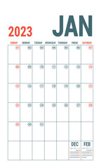 January. Planner 2023 year. English vector vertical template. Week starts on Sunday