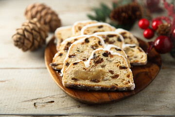 Traditional homemade stollen cake with marzipan