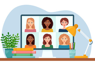 Online meeting via video conference. Women connecting together, learning or meeting online, remote working. Vector illustration
