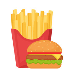 Delicious appetizing burger  and french fries potatoes isolated on white background, vector illustration