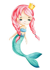 Mermaid on an isolated white background. Watercolor drawing illustration