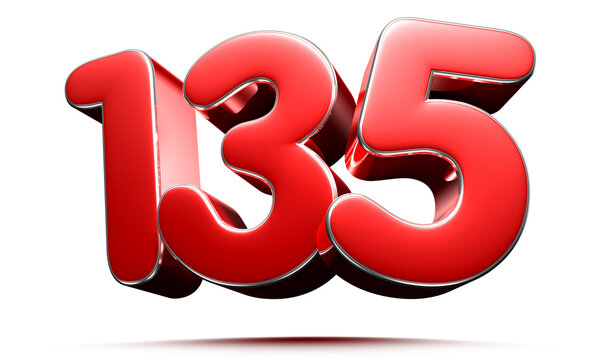 Rounded red number 135 on white background 3D illustration with clipping path.