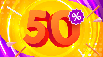 50 percent Off. Discount creative composition. 3d mega sale symbol with decorative objects. Sale banner and poster.
