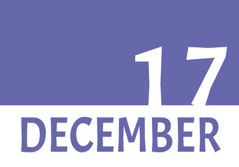 17 december calendar date with copy space. Very Peri background and white numbers. Trending color for 2022.