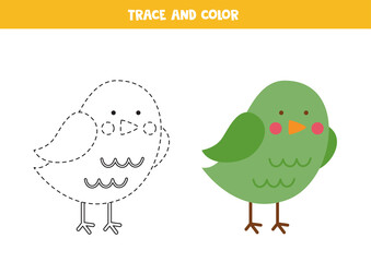 Trace and color cute cartoon bird. Worksheet for children.