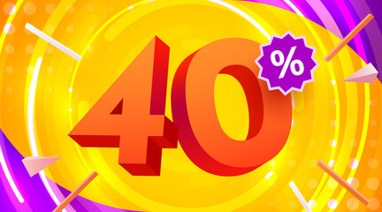 40 percent Off. Discount creative composition. 3d mega sale symbol with decorative objects. Sale banner and poster.