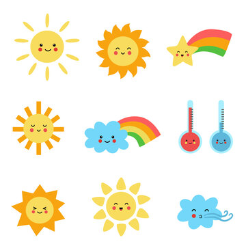 Cute weather elements on white background in cartoon style.