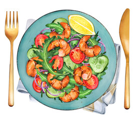 Summer shrimp salad with tomatoes, cucumbers and arugula