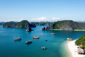 Aerial view beach of the island of monkey in the Monkey Island, Halong Bay, Vietnam