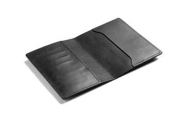 Black empty blank leather case for passport and cards isolated on white background. Mock up for branding.