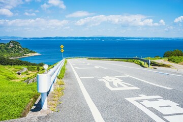Beautiful view of a slope way near the sea or ocean in summer, Karato in Teshima Island in Kagawa...