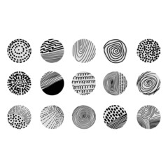Social media Icons templates. Set of round Abstract black Backgrounds or Patterns. Hand drawn doodle shapes.