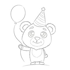 Cute baby bear with party hat and heart balloons coloring book. Postcard. Greeting card. Card with a wish. Card with bear cub and balloons. Lion holding balloons. Happy Birthday vector illustration.