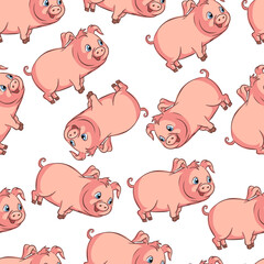 Seamless pattern with funny piglets. Comic characters on a white background. Children's print with animals. Cartoon style, vector illustration.