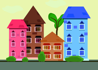 illustration of vintage colorful houses, a street with bushes, a tree in the background.